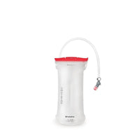 White 1.5L hydration reservoir with red cap, clear hose and red connector