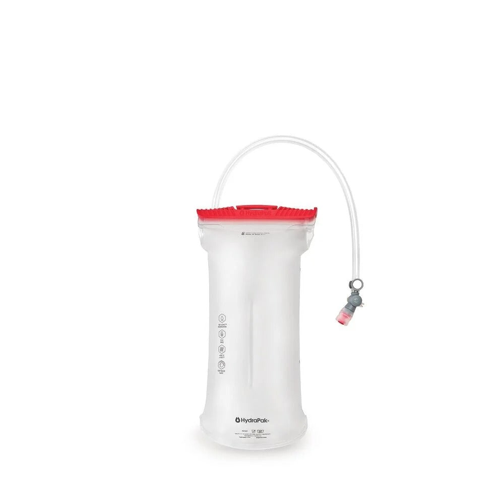 White 1.5L hydration reservoir with red cap, clear hose and red connector