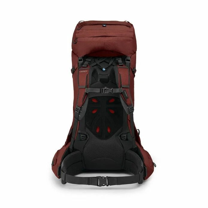 Red and black backpack on a white background