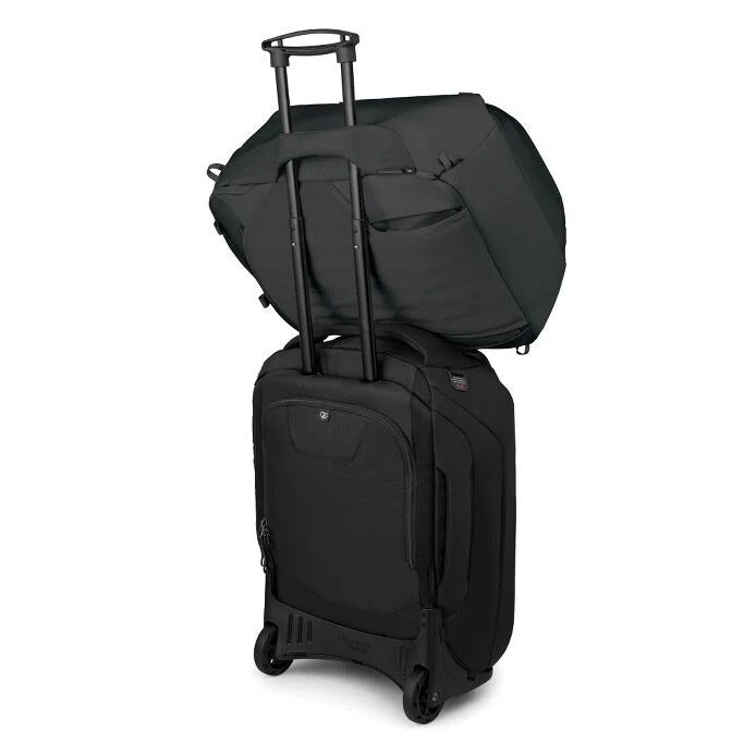 Black rolling travel pack with telescoping handle and front zip compartments