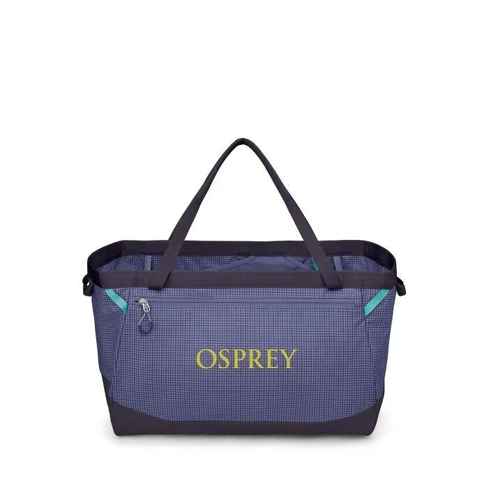 Blue Osprey bag with black handles on a white background