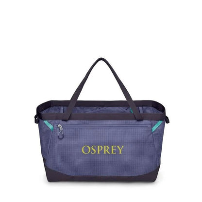 Blue Osprey bag with black handles on a white background