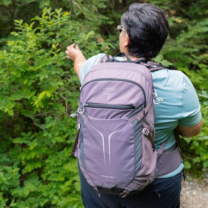 Purple hiking backpack worn on back with padded straps and front storage pocket