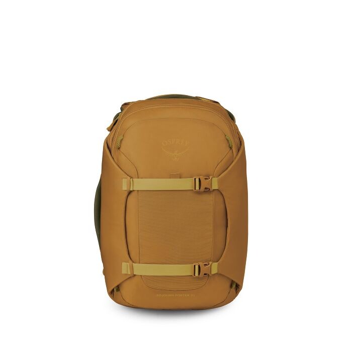 Barley brown 30L travel backpack back view with mesh panel and padded frame