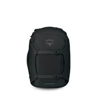 Black 30L travel backpack back view with mesh panel and OSPREY logo