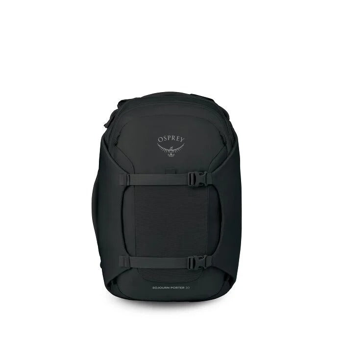 Black 30L travel backpack back view with mesh panel and OSPREY logo