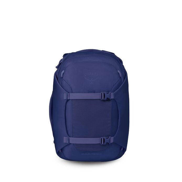 Blue travel backpack back panel with padded straps and mesh storage pocket