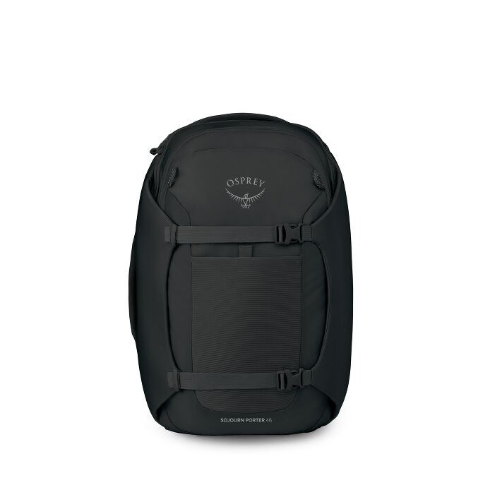Black travel pack with padded front panel and adjustable webbing straps