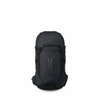 Black hiking backpack back view with vented panel and padded shoulder strap layout