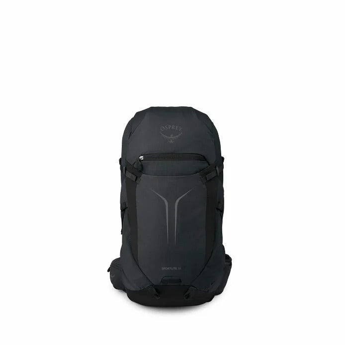 Black hiking backpack back view with vented panel and padded shoulder strap layout