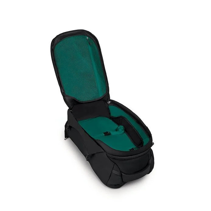 Black and green backpack on a white background