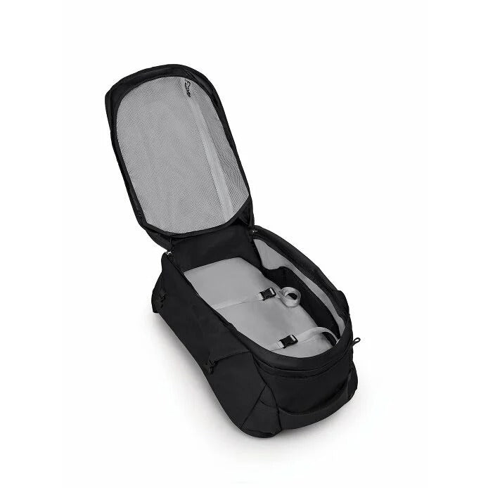 Black backpack with open lid on a white background