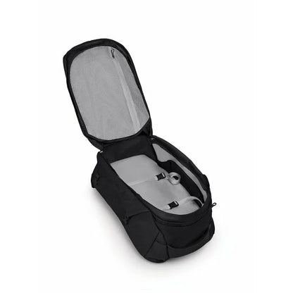 Black backpack with open lid on a white background