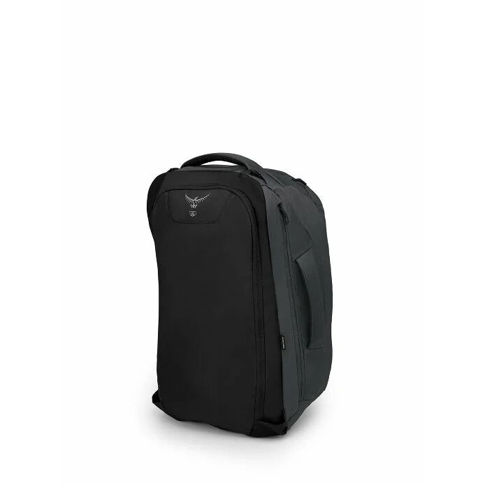 Black backpack with a brand logo on a white background