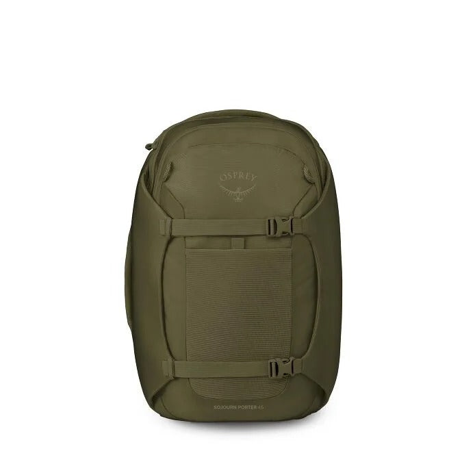 Moss green travel backpack with front mesh pocket and adjustable straps