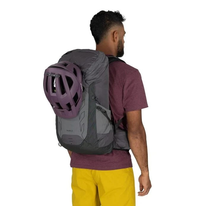 Person wearing a gray backpack with a purple helmet on a white background