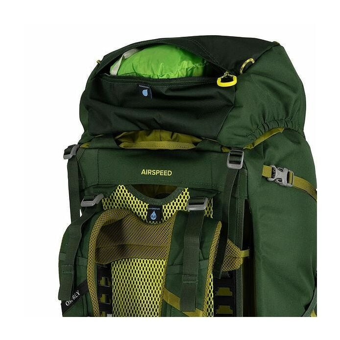 Green hiking backpack with visible 'AIRSPEED' branding on a white background