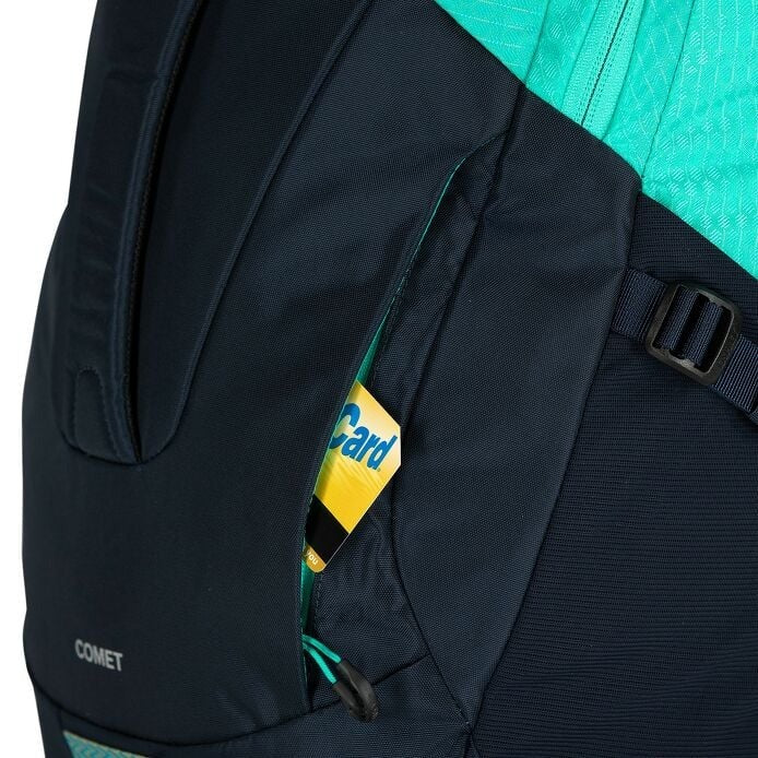 Black 30L backpack close-up of front panel, strap, and logo patch