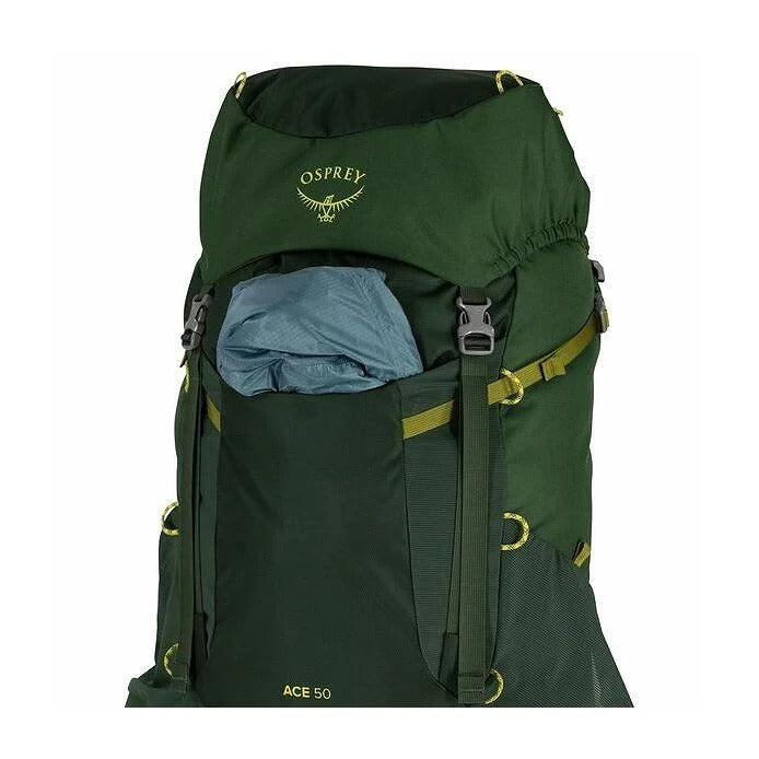 Green Osprey backpack with a visible brand logo on a white background