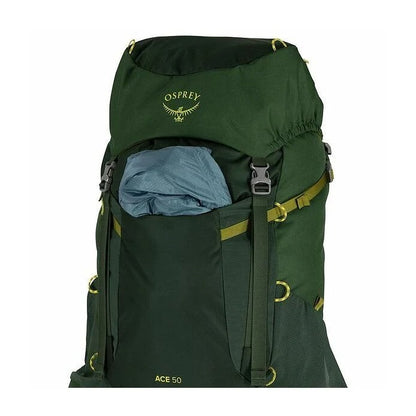Green Osprey backpack with a visible brand logo on a white background