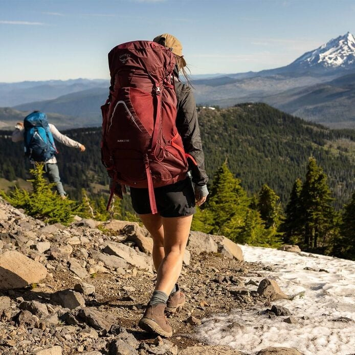 Person hiking on a mountain trail with a large red backpack, surrounded by trees and mountains.