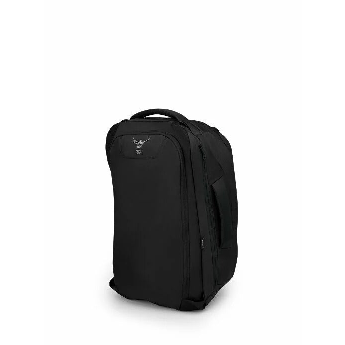 Black backpack with a brand logo on a white background