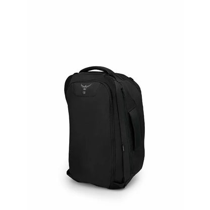 Black backpack with a brand logo on a white background