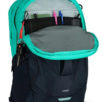 Teal 30L backpack with front organizer opened, showing pockets and small accessories