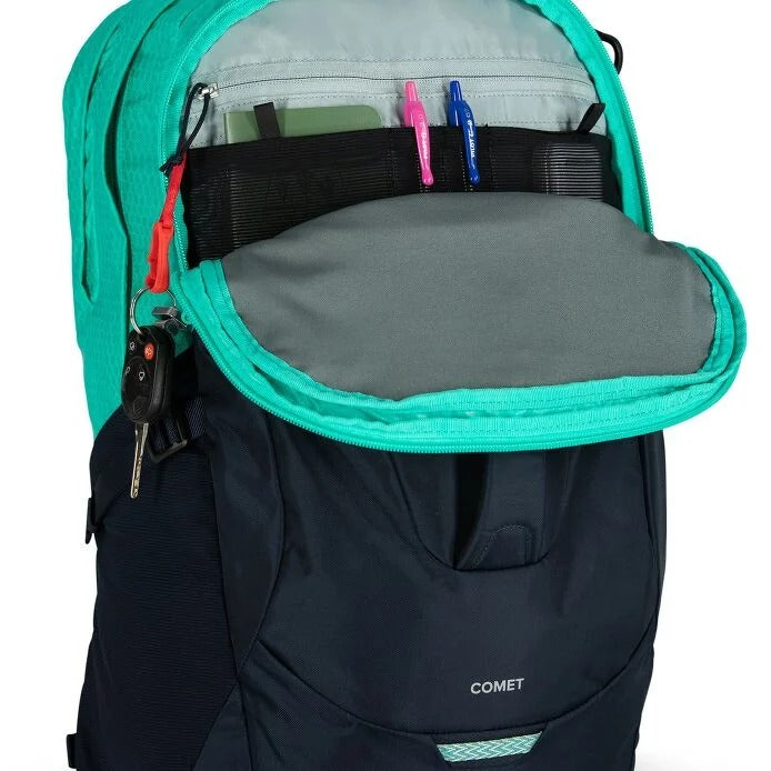 Teal 30L backpack with front organizer opened, showing pockets and small accessories