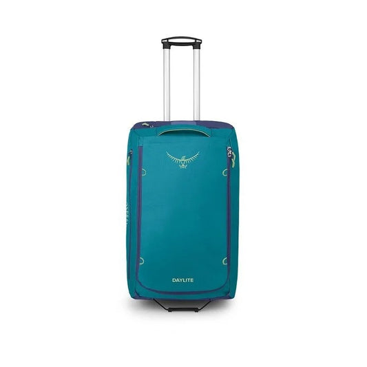 Teal suitcase with a visible brand logo on a white background
