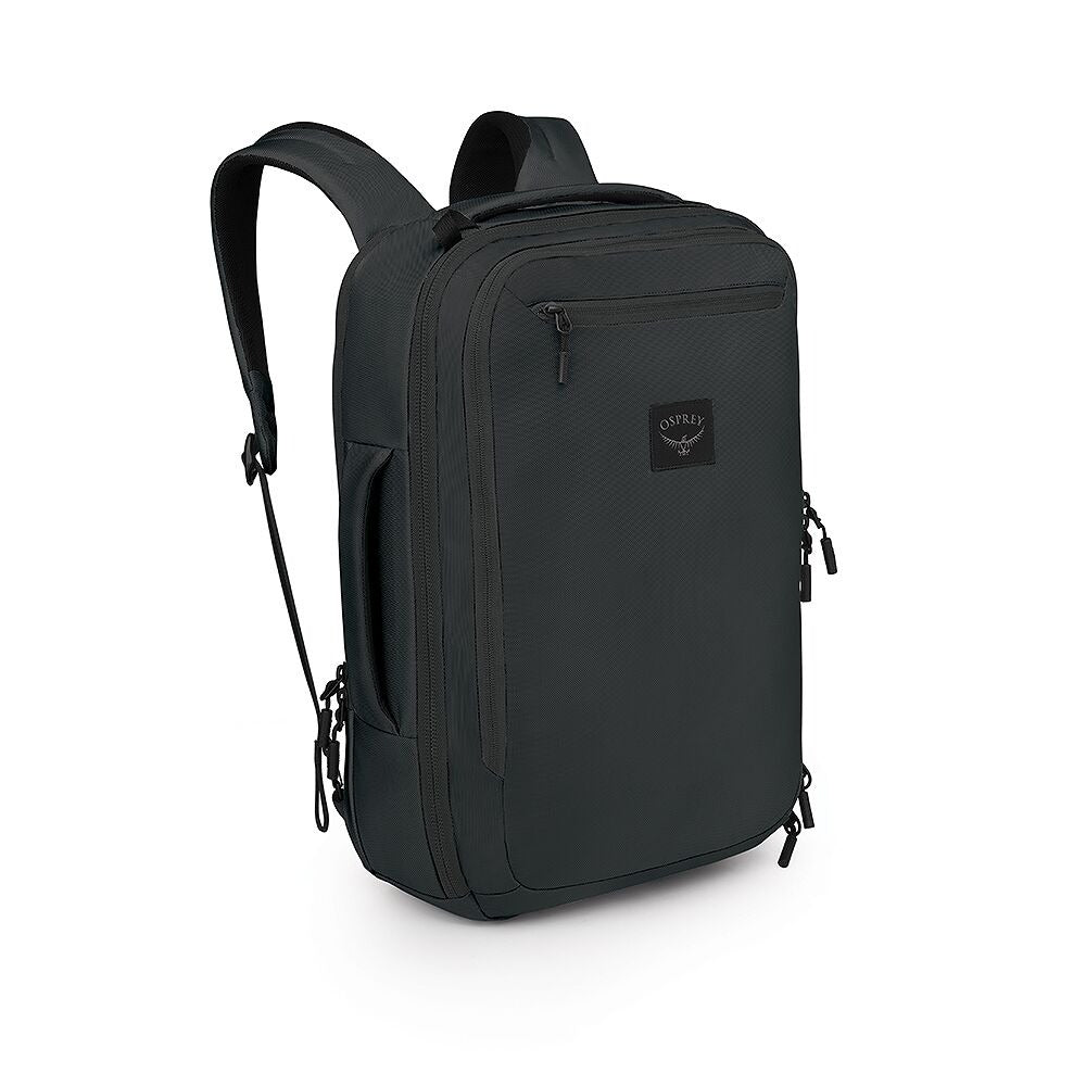 Aoede 22L black backpack with front zip pocket, top handle, and adjustable shoulder straps