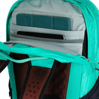Teal 30L backpack interior close-up with document sleeve and mesh storage pocket