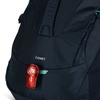 Black backpack with front pocket and red tail light