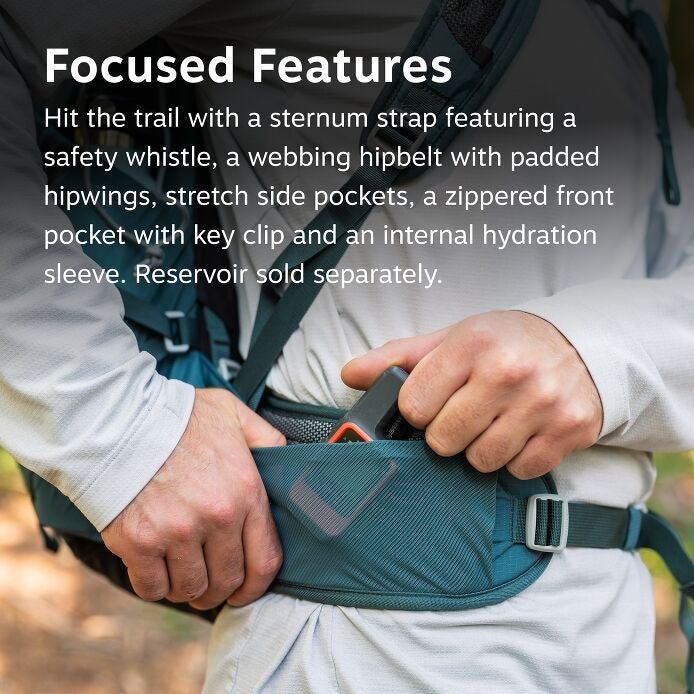 Teal hip belt pocket with zipper closure and webbing strap, shown being adjusted