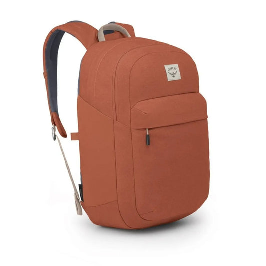Orange backpack with a brand logo on a white background