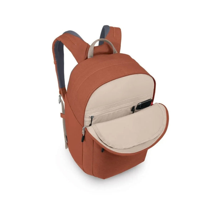 Brown backpack with beige interior on a white background