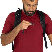 Black hiking backpack with breathable harness straps and chest buckle