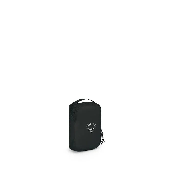 Small ultralight packing cube in black with front brand logo and zipper pull