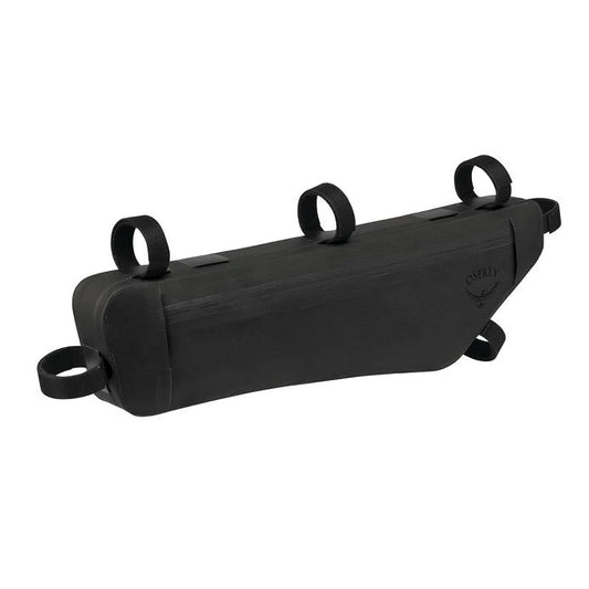 Black bike frame bag with straps on a white background