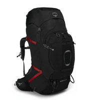 Black Osprey hiking backpack with red accents on a white background