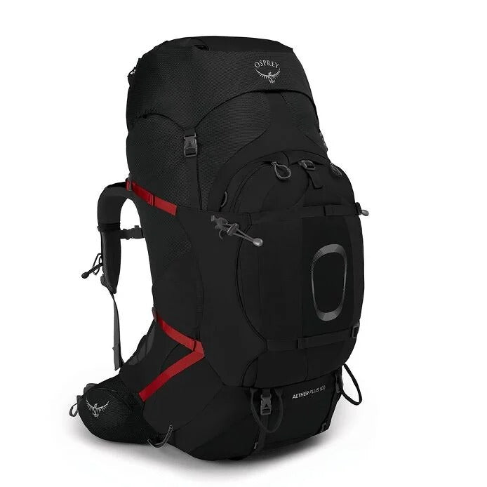 Black Osprey hiking backpack with red accents on a white background