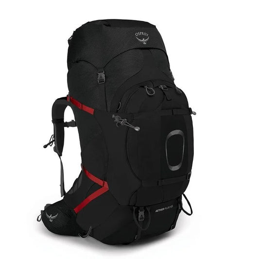 Black Osprey hiking backpack with red accents on a white background