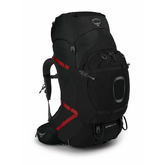 Black Osprey hiking backpack with red accents on a white background