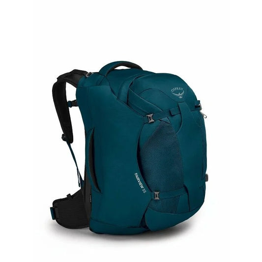 Teal backpack with Osprey logo on a white background