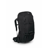 Black backpack with visible branding on a white background