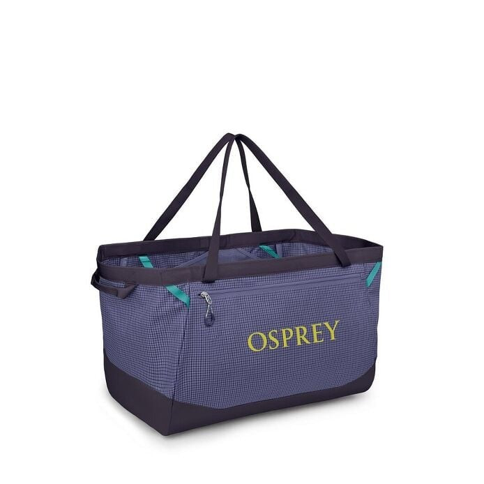 Blue Osprey bag with black handles on a white background