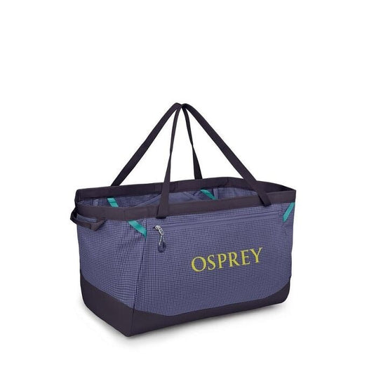 Blue Osprey bag with black handles on a white background