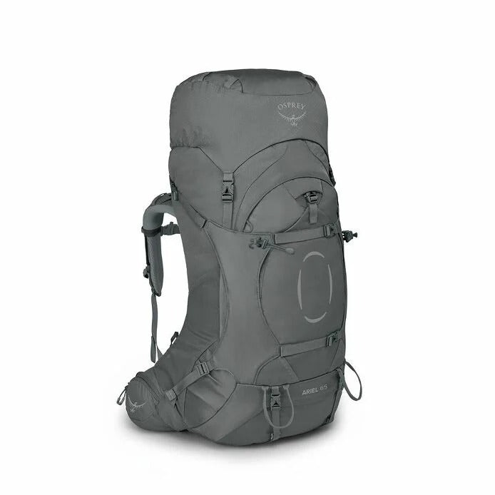 Gray backpack with Osprey logo on a white background