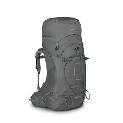 Gray backpack with Osprey logo on a white background