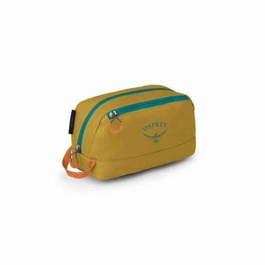 Yellow toiletry bag with green zipper and Osprey logo on a white background